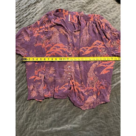 Free People Blouse, Button Down, Oversized, Peacock Print, Purple, Size Small - Picture 9 of 10